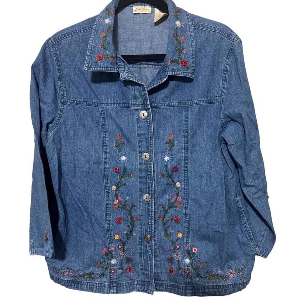 Bobbie Brooks Floral Embroidered Denim Jacket Shacket Cottagecore Large